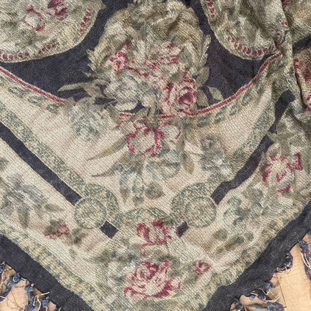 Silk Wool Floral Fringe Wrap Shawl Scarf Made in Italy